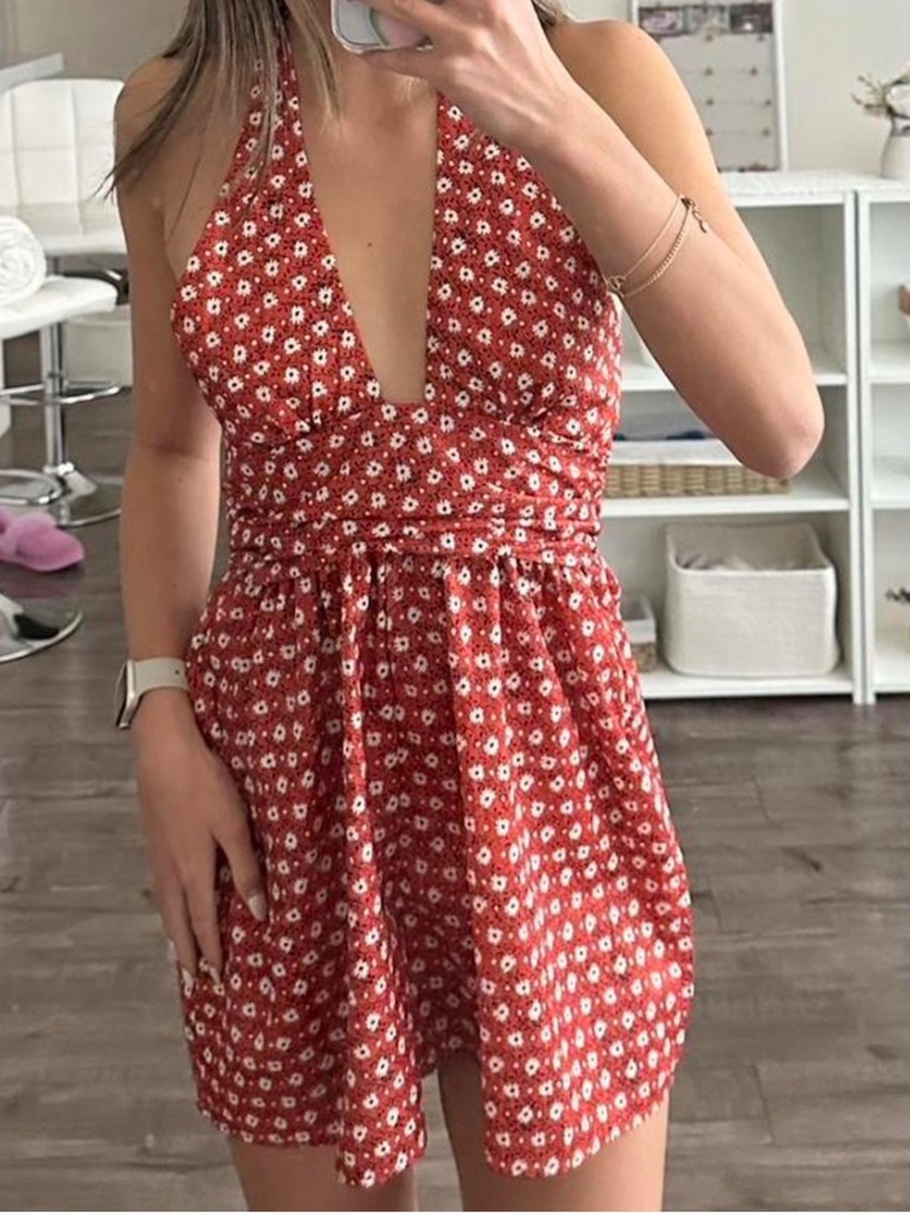 Urban Outfitters Peach Floral Halter Romper with Orange Trim